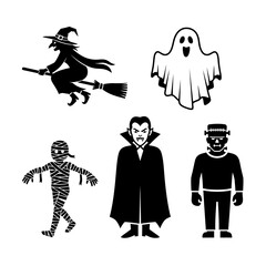 Halloween icon set featuring spooky characters in black silhouettes  