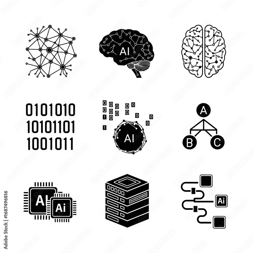 Poster ai icon set featuring data analytics and machine learning symbols