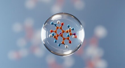 A molecule composed of multicolored atoms is encased in a transparent bubble