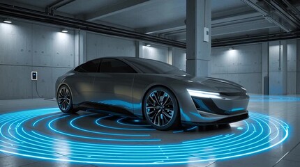 A futuristic electric car parked over a glowing interactive road, modern high-tech transportation concept. - Powered by Adobe