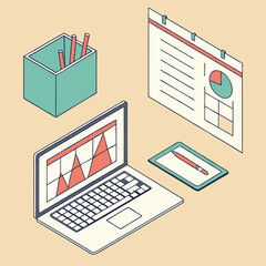 Isometric illustration of a laptop with charts tablet and pencil holder