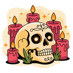 Skull with candles and stars illustration flame fire