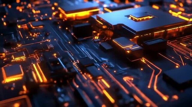 Abstract Digital Circuit Board with Glowing Orange and Blue Lights.