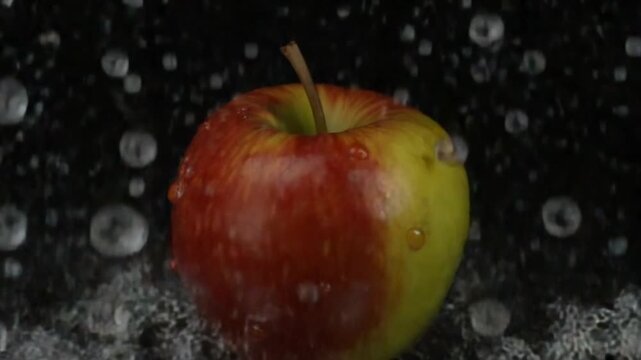 Super slow motion water drips on the rotating apple. On a black background. Filmed on a high-speed camera at 1000 fps.High quality FullHD footage