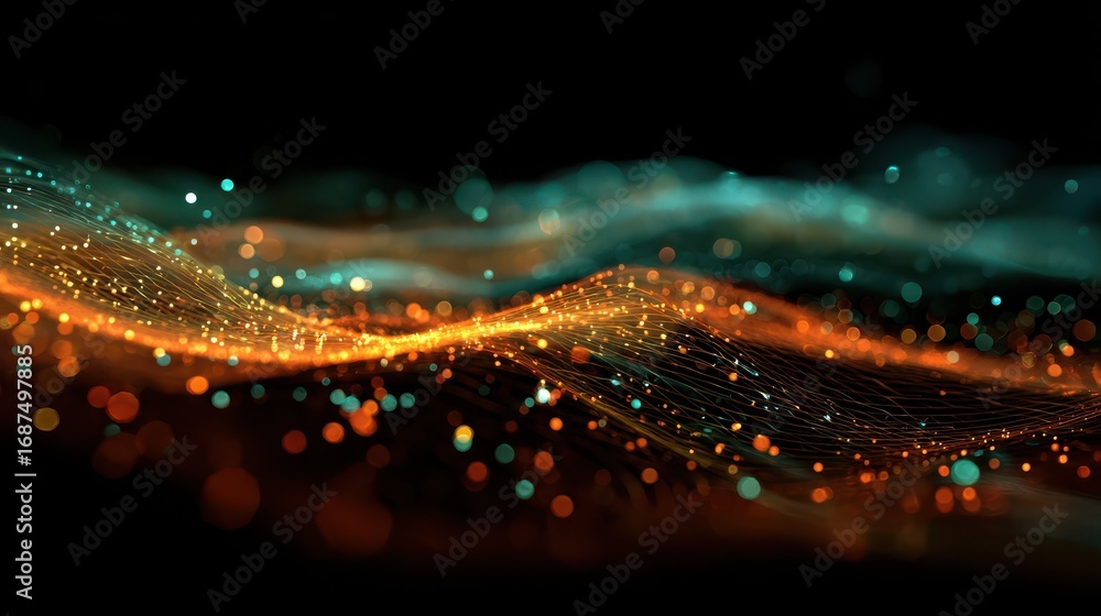 Poster luminous orange and teal waves of light and particles flow across a dark background creating a dynam