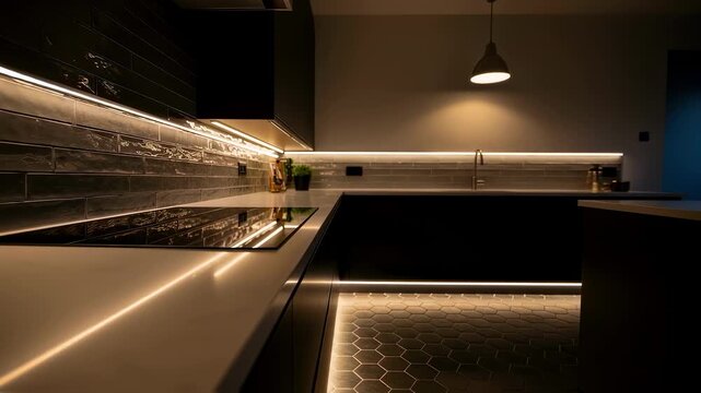 Artistic photo showcasing the interplay of LED toekick and backsplash lighting against textured tile surfaces in modern kitchen setup.