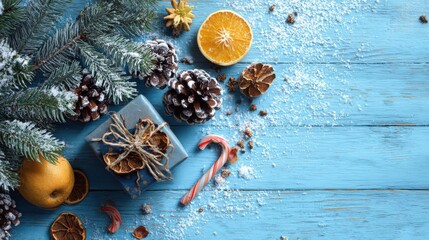 christmas composition from snow pine cone fir branches dried orange fruits christmas candy canes gift box on a blue wooden background top view place for text no logos no brands ar 169