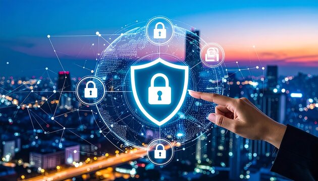 Hand touching a digital shield over a city