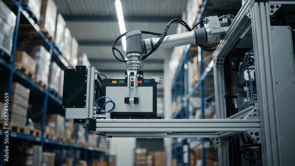 Poster side view of robotic battery replacement mechanism in a warehouse automation robot showcasing advanc