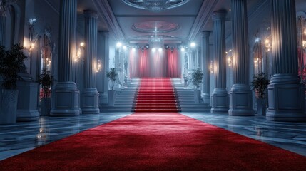 Fototapeta premium luxurious red carpet entrance leading to a grand stage illuminated by bright lights in an elegant venue