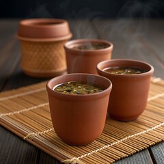 Four rustic ceramic cups filled with tea ready for a relaxing drink