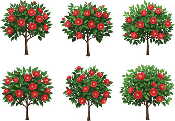 Fototapeta premium PrintStylized fruit trees with red apples and green leaves in seasonal garden, educational nature concept, flat vector illustration set