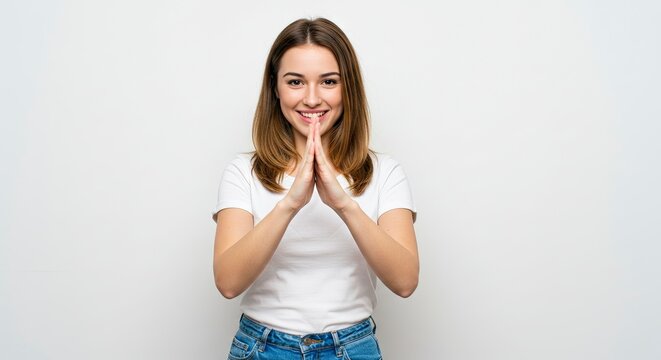 A smiling woman with hands pressed together wearing jeans and a white tshirt poses against a plain backdrop