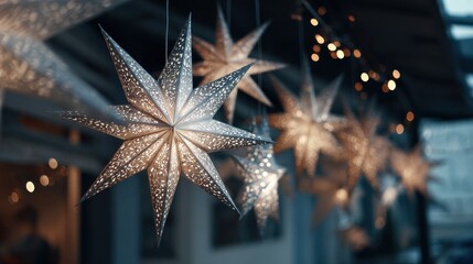 paper stars hanging for holiday season no logos no brands ar 169