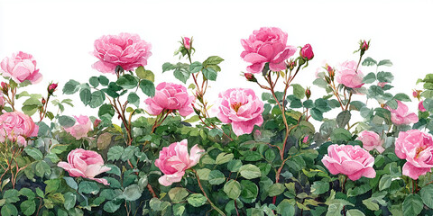 Hand-painted watercolor illustration of pink rose bushes in full bloom with lush green leaves, seamless floral border design, botanical clipart on white background.