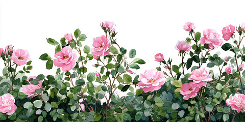 Hand-painted watercolor illustration of pink rose bushes in full bloom with lush green leaves, seamless floral border design, botanical clipart on white background.