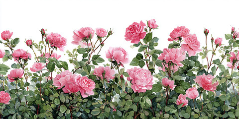 Hand-painted watercolor illustration of pink rose bushes in full bloom with lush green leaves, seamless floral border design, botanical clipart on white background.