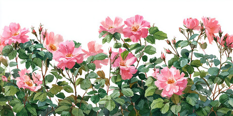 Hand-painted watercolor illustration of pink rose bushes in full bloom with lush green leaves, seamless floral border design, botanical clipart on white background.