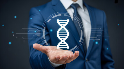 Professional scientist presents groundbreaking DNA discovery with futuristic digital interface