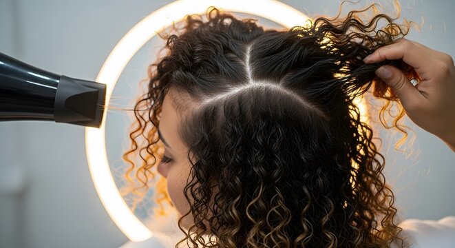 Professional hairstylist blow drying a client's beautiful curly brown hair in a modern salon with a ring light