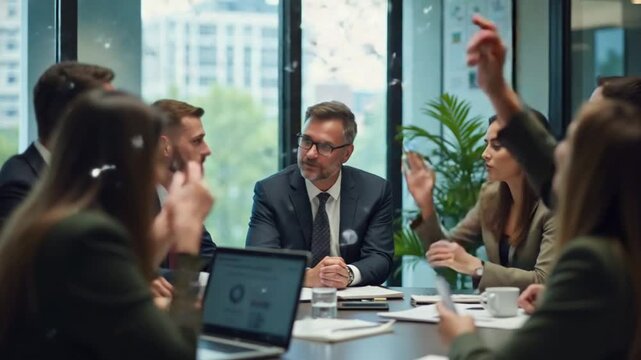 CEO and team members sharing foresight and leadership skills during briefing meeting, strategic thinking and cultural diversity to drive organizational growth. Corporate leaders. Camera A.