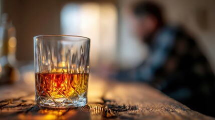 closeup of a whiskey glass with amber liquid on a wooden table a blurred man in the background suggesting loneliness or contemplation