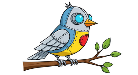 Cartoon Robotic Bird Perched on a Branch with Detailed Design.
