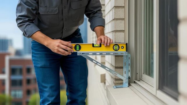 Worker using a level tool to make sure the window AC support bracket is installed evenly for proper airflow.