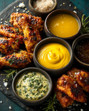 Naklejki Delicious assortment of grilled chicken wings with savory dipping sauces
