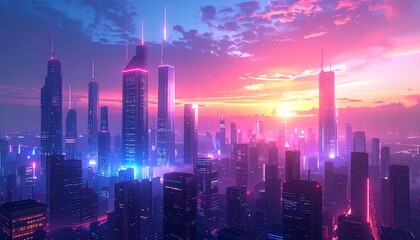 Fototapeta premium Neon Sunset Cityscape: A Futuristic Metropolis at Dusk