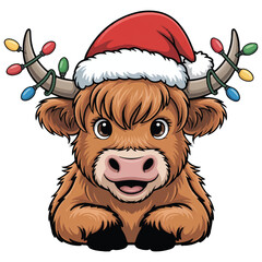 Cute Highland Cow with Santa Hat and Christmas Lights – Adorable Holiday Vector Art
