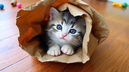 Naklejka premium A cute kitten with bright blue eyes peeks out from a brown paper bag on a wooden floor, looking curious and playful