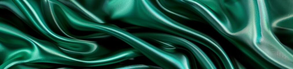 A close-up of rich, flowing green silk fabric captures its glossy texture and sumptuous folds, ideal for backgrounds or luxury design elements.
