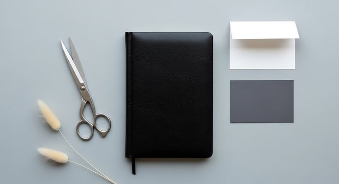 Flat lay of stationery items including a notebook, scissors, and envelope - Powered by Adobe