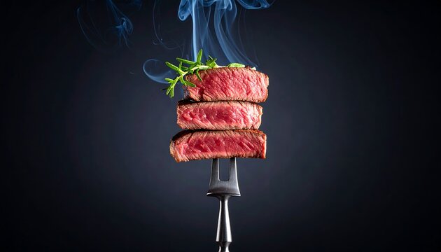 Three steak slices on a fork, with smoke and rosemary