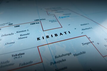 Map of Kiribati with shadowed top and bottom. Selective focus on label, close-up view