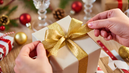 Christmas hands tying golden ribbon on gift box at festive decorated table with baubles, pine branches and wrapping tools. Holiday preparation scene.