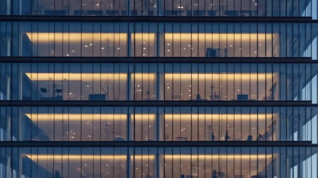 Modern office building at dusk showcasing illuminated workspaces and city life outside