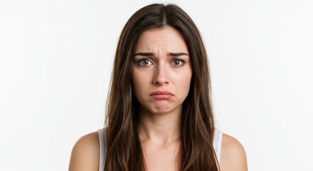A woman with sad expression stands against a white backdrop in a white tank top She looks straight ahead