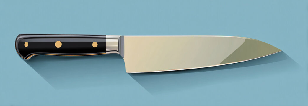 Sharp kitchen chef knife with black handle isolated on a clean blue background for culinary use
