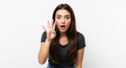 A woman with surprised expression holds up three fingers against a plain white background