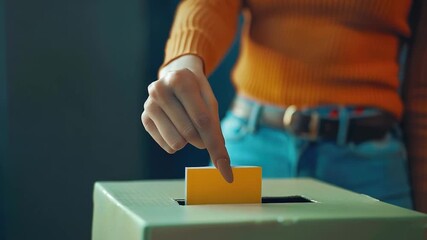 A person casting their ballot in a yellow voting booth