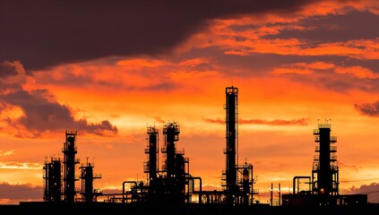 Obraz premium Silhouette of oil and gas production equipment against a vibrant sunset sky, black industrial structures and pipes in the foreground, creating a dramatic energy industry scene