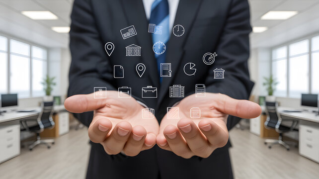 Businessman presents digital business icons in a modern office, symbolizing growth and success