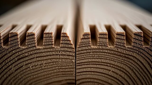 Extreme closeup of a scarf joint connecting elongated mass timber sections highlighting intricate wood textures and bonding details.