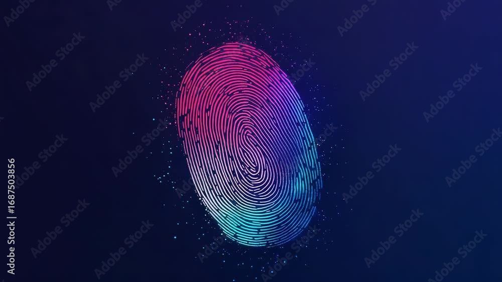 Poster glowing fingerprint disintegrating into digital particles symbolizing identity and security
