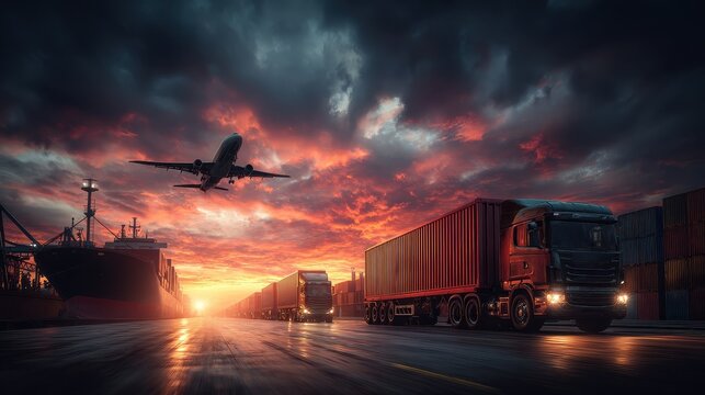 global logistics and transportation at sunset multimodal freight with truck cargo ship and airplane against dramatic sky commercial shipping and supply chain concept