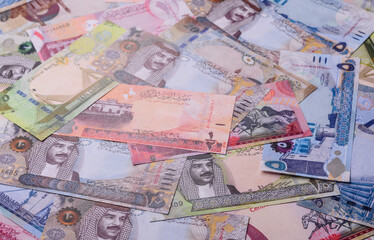 Bahrain paper money, dinar banknotes as currency for exchange or travel. Bahraini money