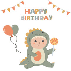 Cute child in dinosaur costume celebrating birthday with lollipop and balloons.