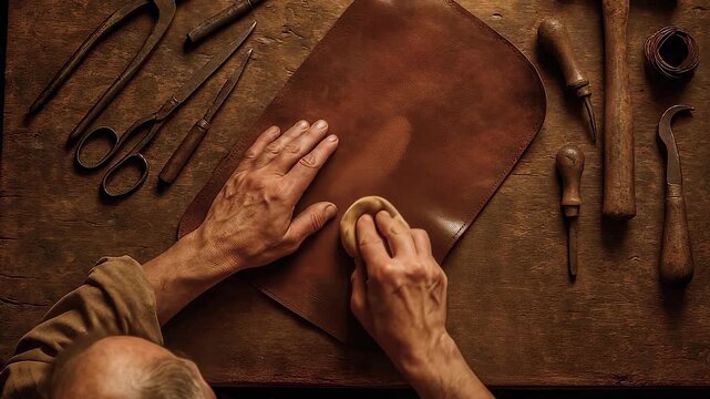 Top view shows artisan waxing leather hide. Leathercraft focuses on patina, leathercraft shapes durable goods, leathercraft readies piece for stitching. Concept of slow made design.